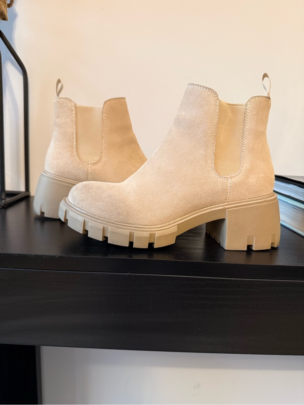 Steve Madden Beige Suede Lug Chelsea Booties